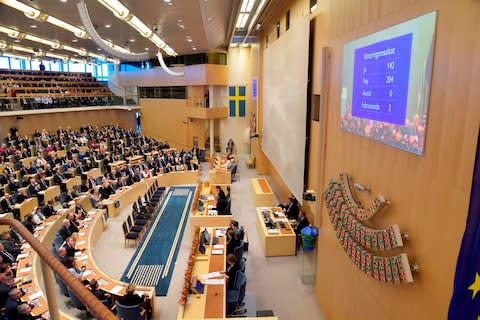 results of a vote against Swedish Prime Minister Stefan Lofven are displayed on a board - Credit: ANDERS WIKLUND/AFP/Getty Images