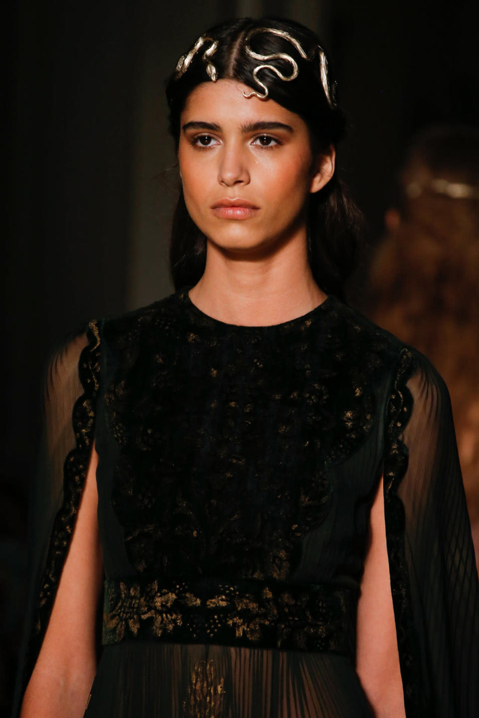 <p>At Valentino there was jewelry everywhere, even golden serpents for the hair. <i>Photos: Imaxtree</i> </p>