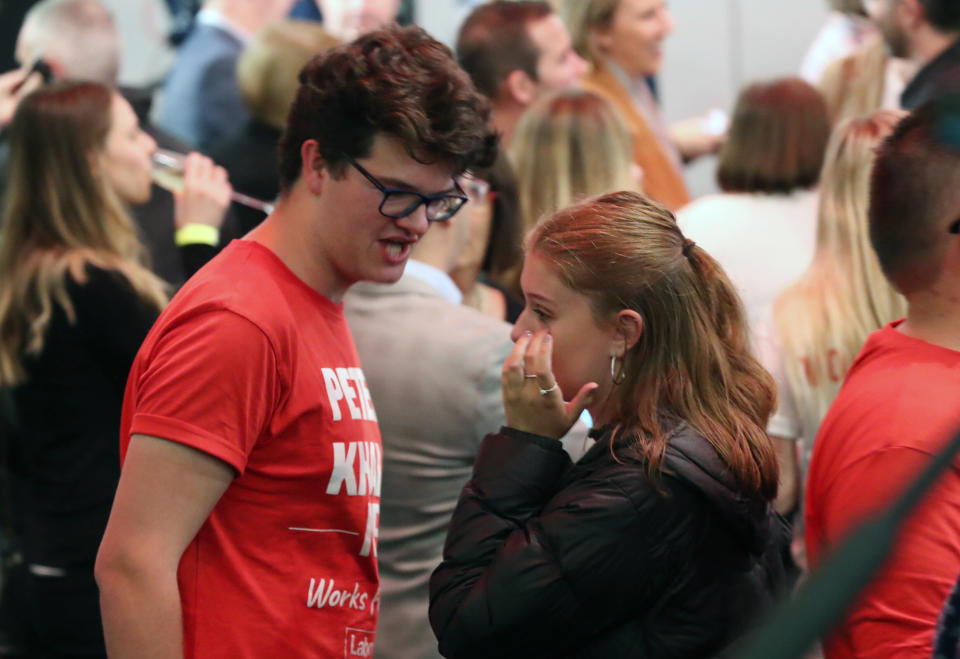 Labor supporters get emotion as they watch the tally count at the Federal Labor Reception at Hyatt Place Melbourne. Source: AAP