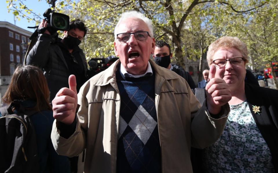 Former Post Office worker Noel Thomas, who was convicted of false accounting in 2006, celebrates with his daughter Sian outside the Royal Courts of Justice in April after having his conviction overturned by the Court of Appeal (Yui Mok/PA) (PA Archive)