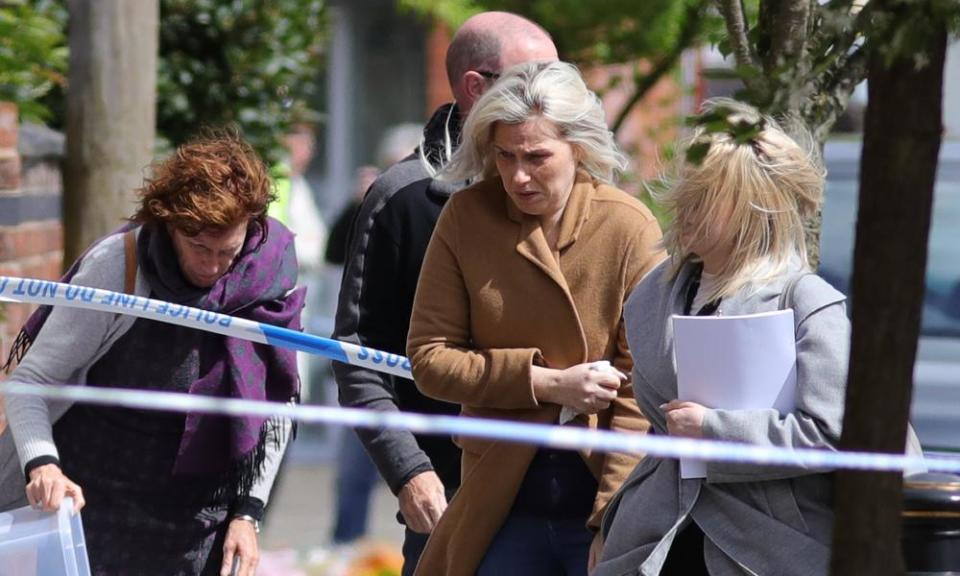 Jessica Samwell, widow of Michael Samwell, 35, visits the scene in Manchester.