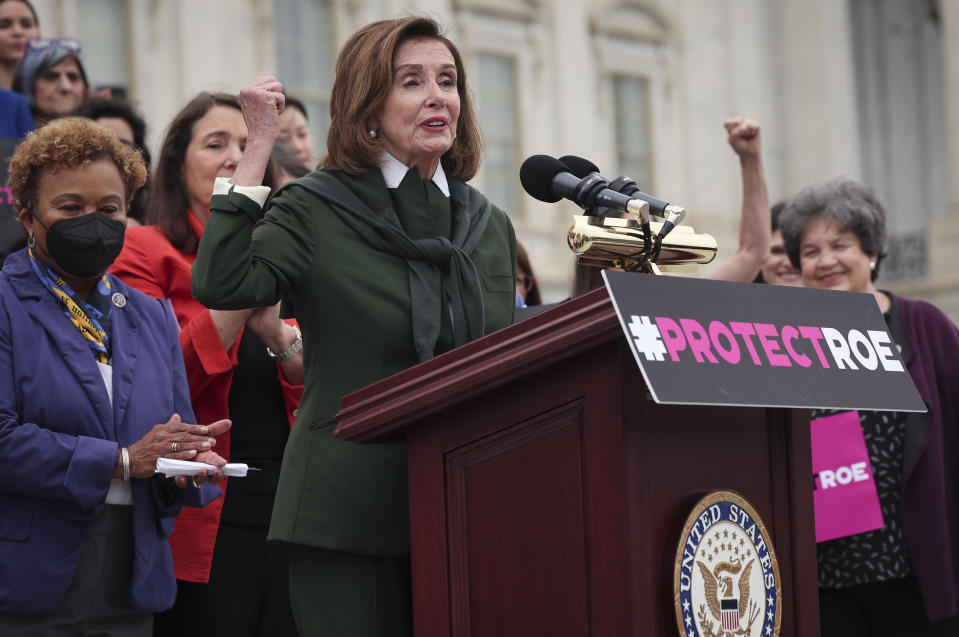 U.S. Speaker of the House Nancy Pelosi speaks in front of the steps to the House of Representatives with congressional members to speak on the Roe v. Wade issue May 13, 2022 in Washington, DC.  / Credit: Win McNamee  / Getty Images