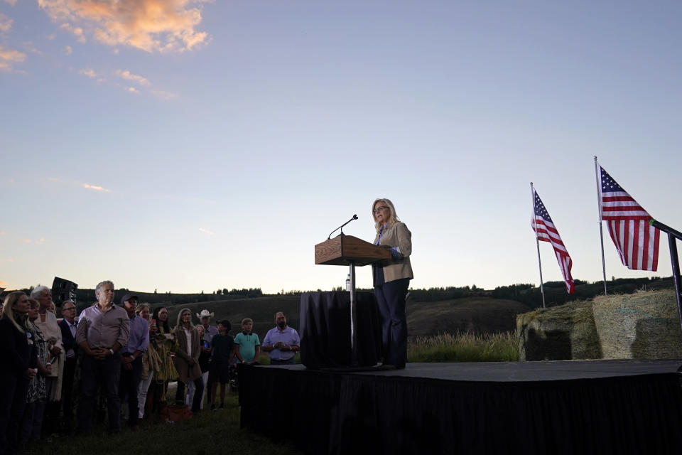 Rep. Liz Cheney, R-Wyo., speaks Tuesday, Aug. 16, 2022, at an Election Day gathering at Mead Ranch in Jackson, Wyo. Cheney lost to Republican opponent Harriet Hageman in the primary. (AP Photo/Jae C. Hong)