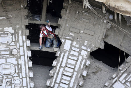 Jake Chopin, from the International Union of Operating Engineers Local 302, pumps his arm in the air with joy at the conclusion of the tunnel drilling of Bertha the world's largest tunnel-boring machine in Seattle, Washington, U.S., April 4, 2017. REUTERS/Karen Ducey