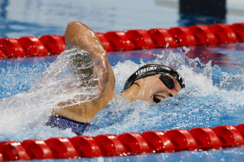 Katie Ledecky clocked a 15:37/35 to win the women's 1,500-meter freestyle event at the U.S. Olympic trials Wednesday in Indianapolis. File Photo by Tasos Katopodis/UPI