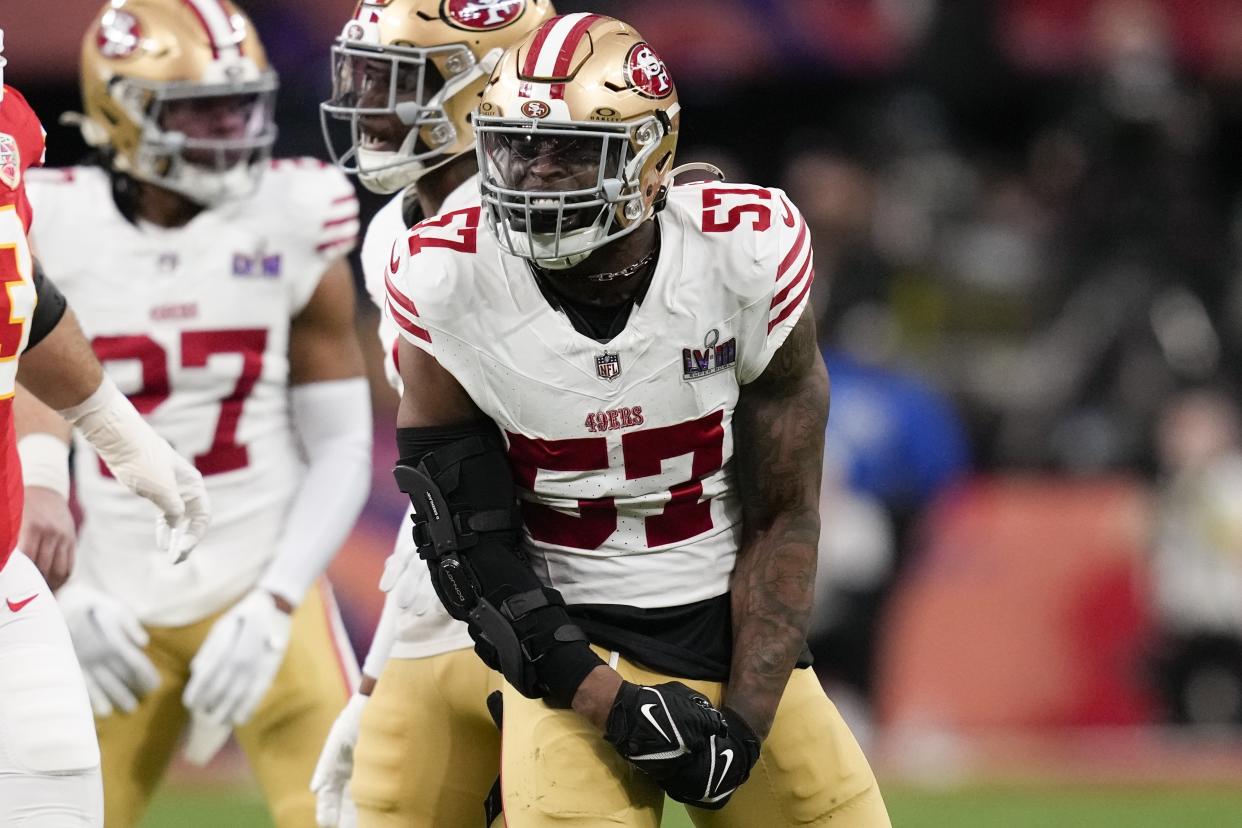 San Francisco 49ers linebacker Dre Greenlaw (57) celebrates his tackle against the Kansas City Chiefs during the first half of the NFL Super Bowl 58 football game Sunday, Feb. 11, 2024, in Las Vegas. (AP Photo/John Locher)