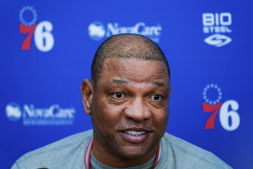 Philadelphia 76ers head coach Doc Rivers speaks with members of the media at the NBA basketball team's facility, in Camden, N.J., Tuesday, March 1, 2022. (AP Photo/Matt Rourke)