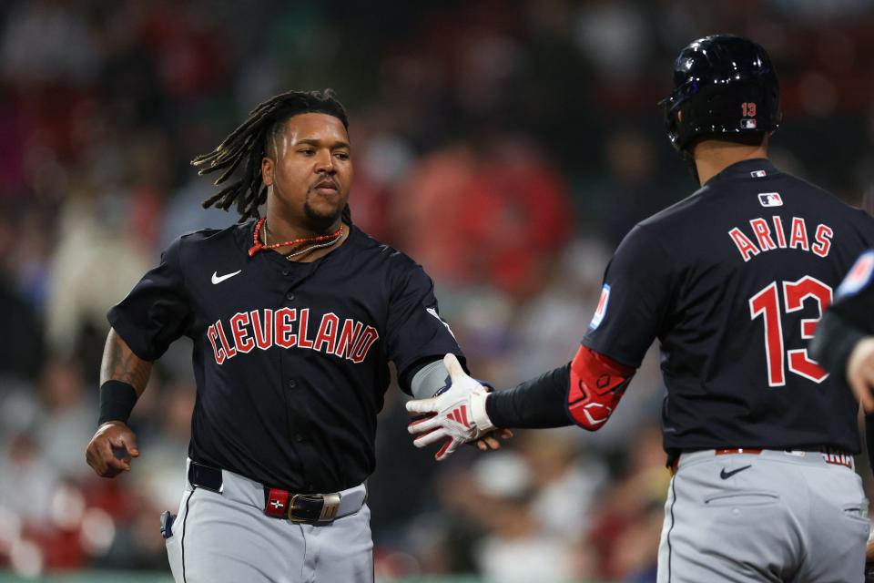 Guardians third baseman Jose Ramirez celebrates after scoring during the 11th inning against the Red Sox at Fenway Park, April 16, 2024, in Boston.