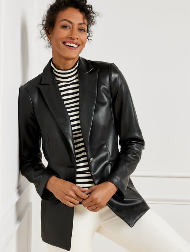 <p><a href="https://go.redirectingat.com?id=74968X1596630&url=https%3A%2F%2Fwww.talbots.com%2Ffaux-leather-blazer%2FP233019519.html%3Fdwvar_P233019519_color%3DBLACK%26dwvar_P233019519_sizeType%3DMS%23q%3Dleather%252Bjacket%26lang%3Ddefault%26start%3D1&sref=https%3A%2F%2Fwww.oprahdaily.com%2Fstyle%2Fg28185294%2Fbest-leather-jackets-women%2F" rel="nofollow noopener" target="_blank" data-ylk="slk:Shop Now;elm:context_link;itc:0;sec:content-canvas" class="link ">Shop Now</a></p><p>Faux Leather Blazer</p><p>talbots.com</p><p>$199.00</p><span class="copyright">Talbot's</span>