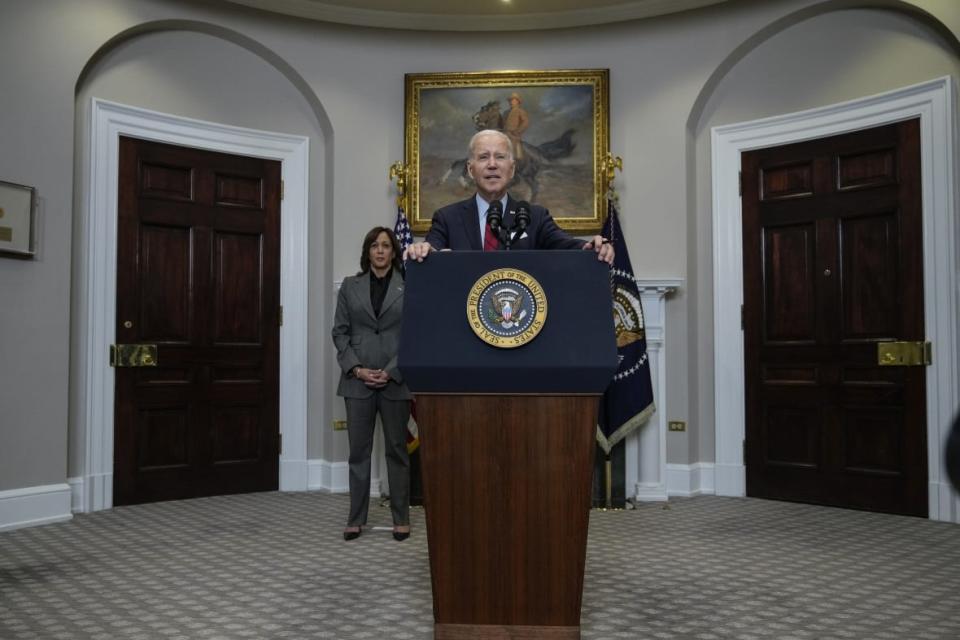 Vice President Kamala Harris looks on as U.S. President Joe Biden delivers remarks about border security policies in the Roosevelt Room in the White House on Jan. 5, 2023 in Washington, D.C. (Photo by Drew Angerer/Getty Images)