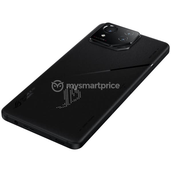 An alleged angled render of the ROG Phone 8 Pro and its rear panel with dot LED lights.