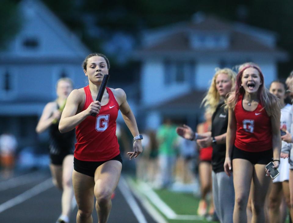 Chatham Glenwood's Katelyn Lehnen races to victory in the 4x400-meter relay during the Central State Eight Conference girls track and field meet at Memorial Stadium on Thursday, May 2, 2024. Glenwood won the team title.