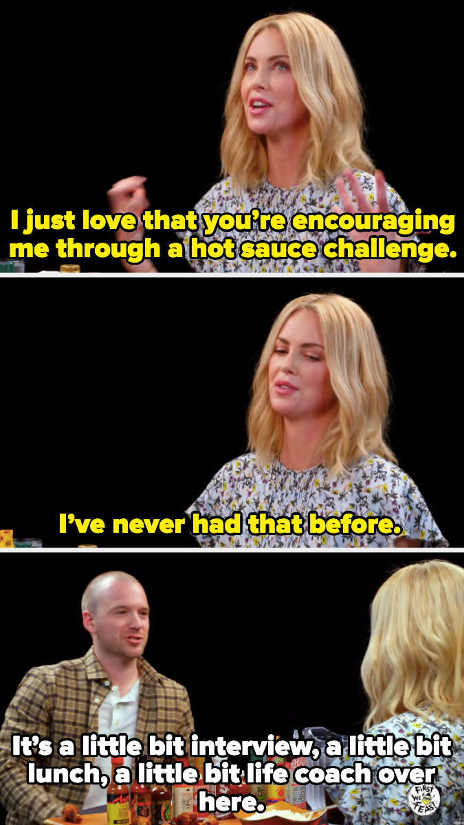 Charlize thanking Sean for coaching her through the hot sauce challenge