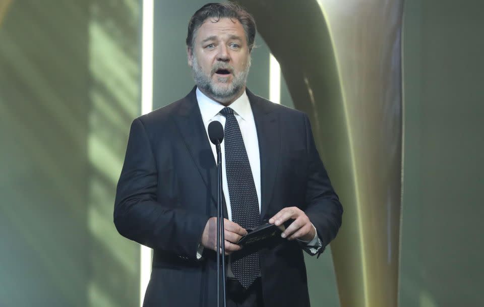 Russell Crowe proudly took to the stage on Wednesday night at the 2017 AACTA Awards to present the first ever Best Asian Film Award. Source: Getty