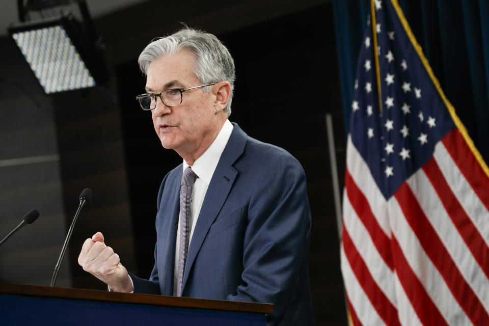 Federal Reserve Chair Jerome Powell speaks during a news conference, Tuesday, March 3, 2020, to discuss an announcement from the Federal Open Market Committee, in Washington. In a surprise move, the Federal Reserve cut its benchmark interest rate by a sizable half-percentage point in an effort to support the economy in the face of the spreading coronavirus. Chairman Jerome Powell noted that the coronavirus "poses evolving risks to economic activity." (AP Photo/Jacquelyn Martin)