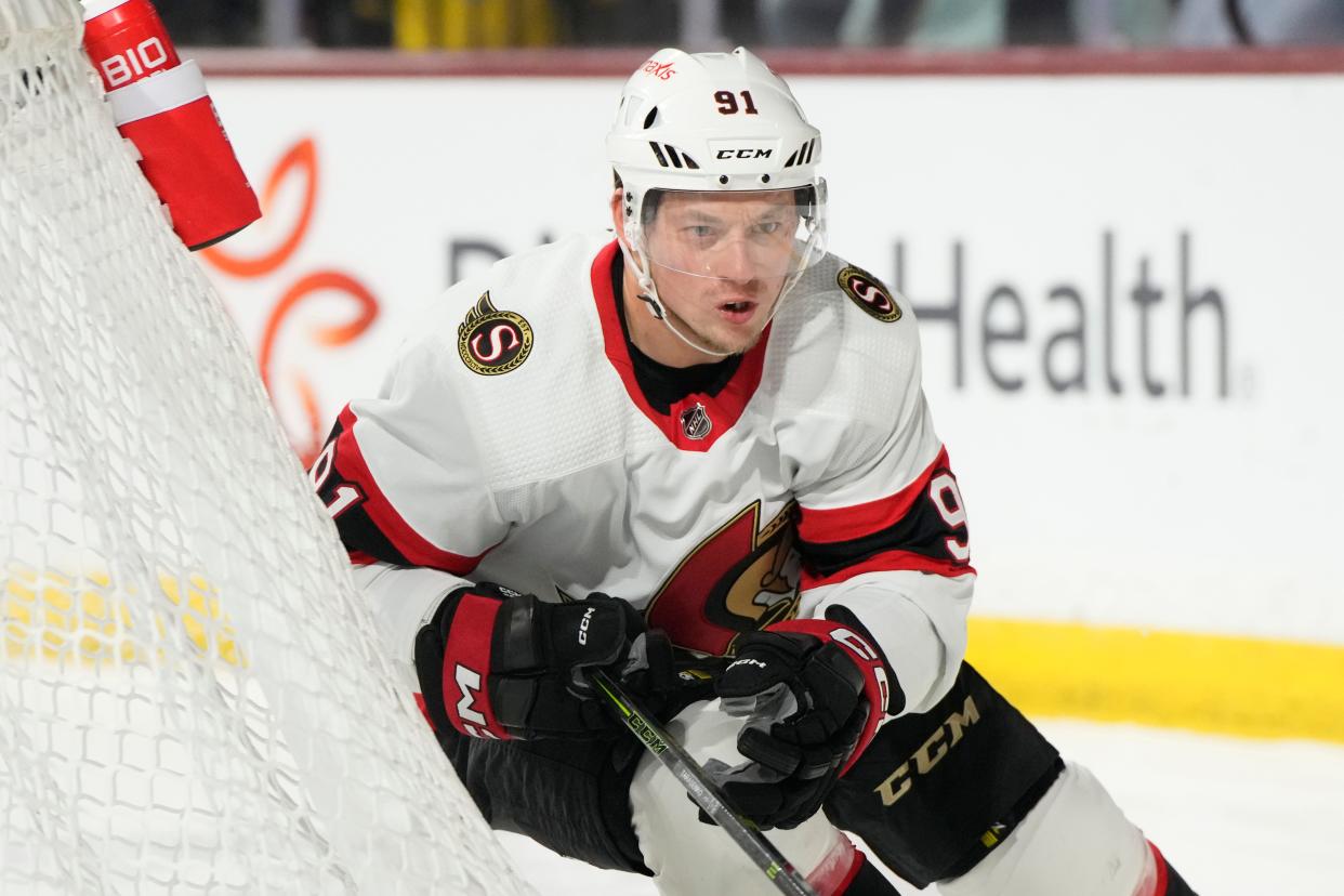 Ottawa Senators right wing Vladimir Tarasenko (91) in the first period during an NHL hockey game against the Arizona Coyotes, Tuesday, Dec. 19, 2023, in Tempe, Ariz.