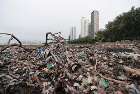 Plastic waste pile and debris are seen up near the beach in Panama City
