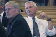 Kansas state Rep. Chuck Smith, R-Pittsburg, listens to comments about a proposal to help finance a new stadium in Kansas for the Super Bowl champion Kansas City Chiefs during a meeting of GOP lawmakers, Tuesday, June 18, 2024, at the Statehouse in Topeka, Kansas. The plan also would allow the state to help finance a new stadium for professional baseball's Kansas City Royals. (AP Photo/John Hanna)