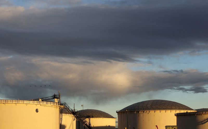 FILE PHOTO: Crude oil storage tanks are seen at the Kinder Morgan terminal in Sherwood Park