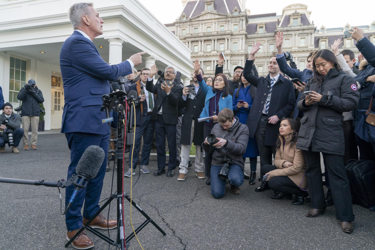 House Speaker Kevin McCarthy of Calif., talks with reporters outside the West Wing of the White House in Washington following his meeting with President Joe Biden, Wednesday, Feb. 1, 2023. (AP Photo/Jacquelyn Martin)