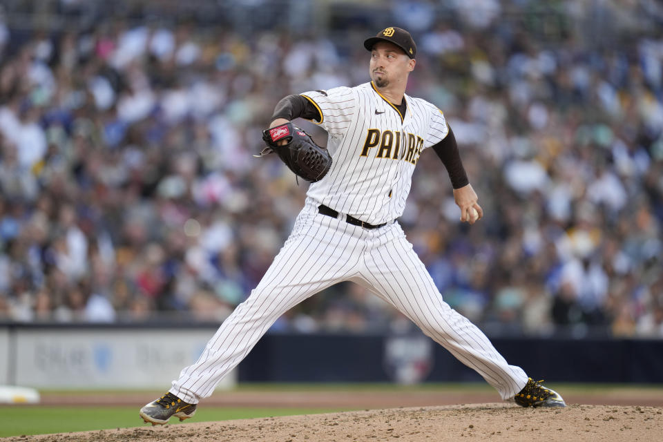 San Diego Padres starting pitcher Blake Snell works against a Los Angeles Dodgers batter during the fourth inning of a baseball game Saturday, May 6, 2023, in San Diego. (AP Photo/Gregory Bull)