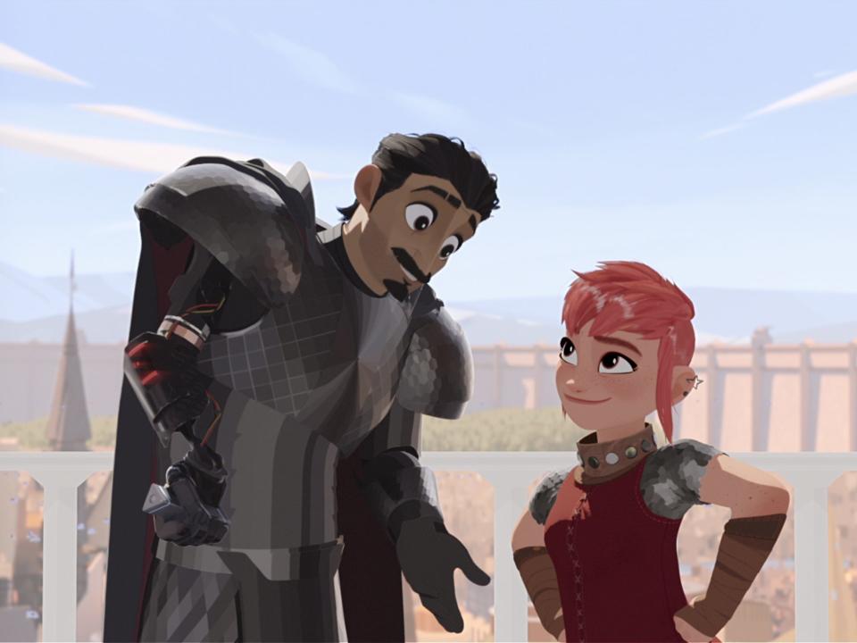 Ballister Boldheart (Riz Ahmed) and Nimona (Chloe Grace Moretz) in "Nimona."