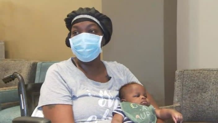Chequile Pettaway, a Houston-area mother who spent over a month in the hospital battling COVID-19, just met her newborn baby boy, Karter, last week. (Photo: Screenshot/ABC 13)