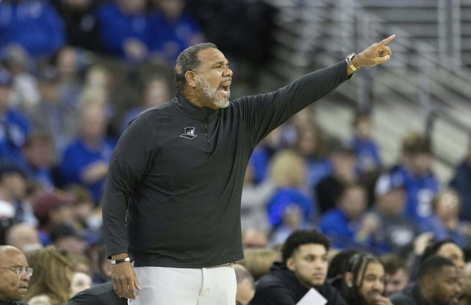 Providence head coach Ed Cooley yells from the sideline as his team plays against Creighton during the first half of an NCAA college basketball game on Saturday, Jan. 14, 2023, in Omaha, Neb. (AP Photo/Rebecca S. Gratz)