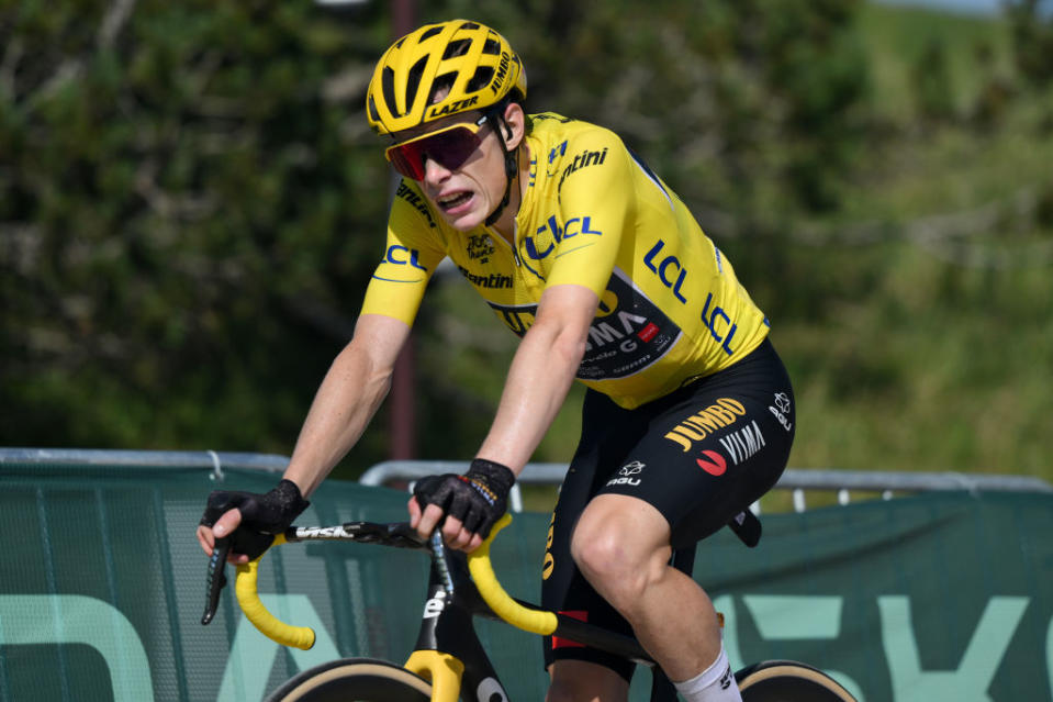 PUY DE DME FRANCE  JULY 09 Jonas Vingegaard of Denmark and Team JumboVisma  Yellow Leader Jersey crosses the finish line during the stage nine of the 110th Tour de France 2023 a 1824km stage from SaintLonarddeNoblat to Puy de Dme 1412m  UCIWT  on July 09 2023 in Puy de Dme France Photo by David RamosGetty Images