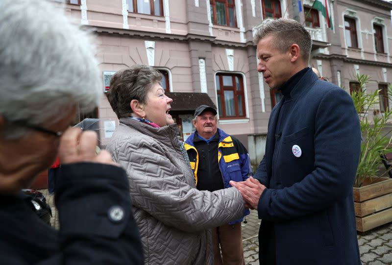 Magyar, former government insider and leader of the Respect and Freedom (TISZA) Party meets with supporters at an EP election campaign tour in Hogyesz