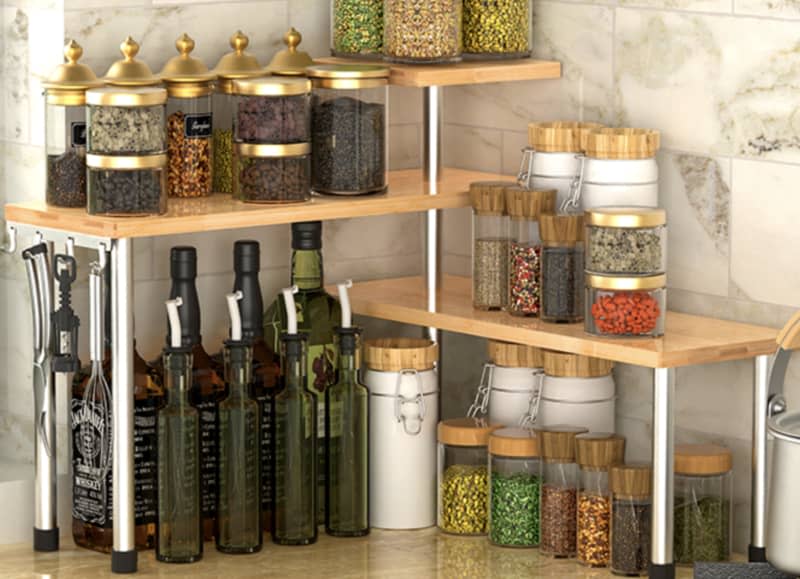 wood and steel 3-tier shelf organizer with spices and liquor bottles