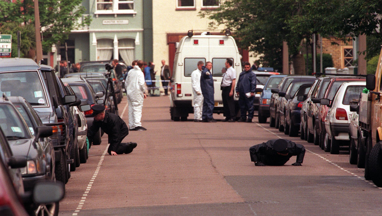 Police search Gowan Avenue, Fulham, south west London, where the body of BBC TV presenter Jill Dando was found outside her home after being attacked.   (Photo by Peter Jordan - PA Images/PA Images via Getty Images)