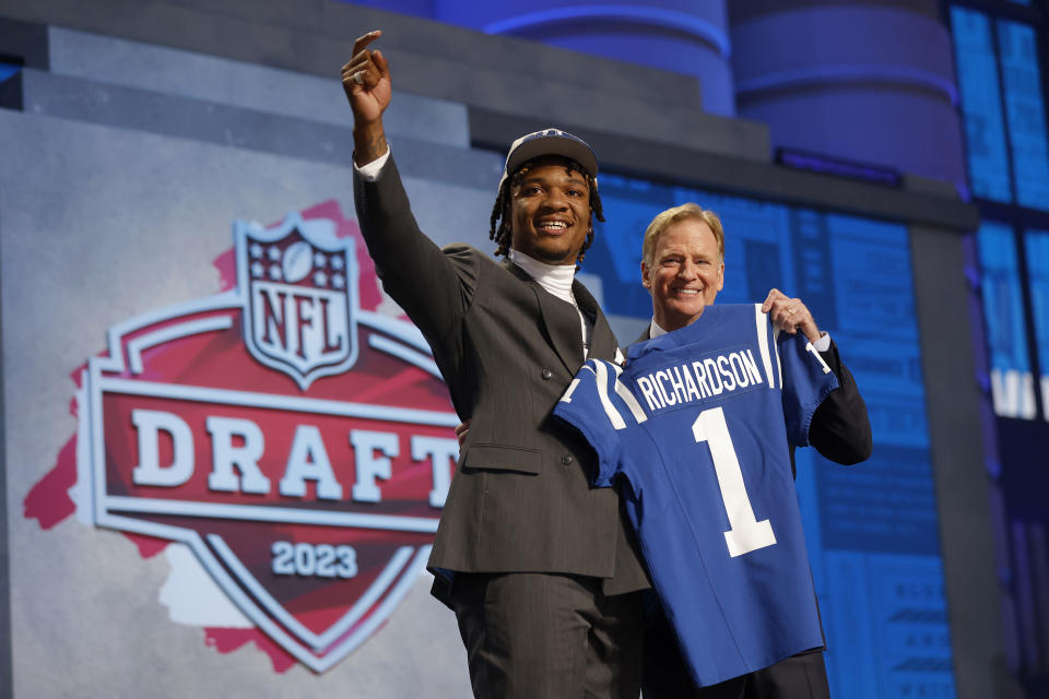 KANSAS CITY, MISSOURI - APRIL 27: (L-R) Anthony Richardson poses with NFL Commissioner Roger Goodell after being selected fourth overall by the Indianapolis Colts during the first round of the 2023 NFL Draft at Union Station on April 27, 2023 in Kansas City, Missouri. (Photo by David Eulitt/Getty Images)