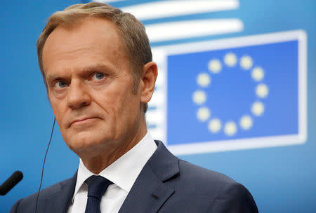 European Council President Donald Tusk holds a news conference during a European Union leaders summit meeting in Brussels, Belgium, October 19, 2017. REUTERS/Dario Pignatelli