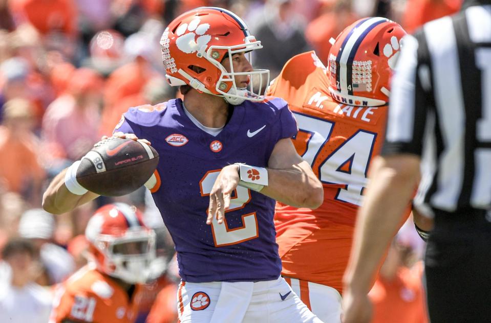 Clemson quarterback Cade Klubnik (2) passes during the first quarter of the Spring football game in Clemson, S.C. Saturday, April 6, 2024.