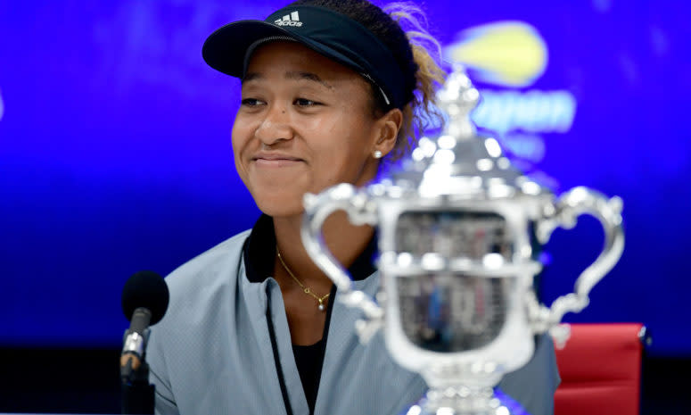 Naomi Osaka speaking to the media.