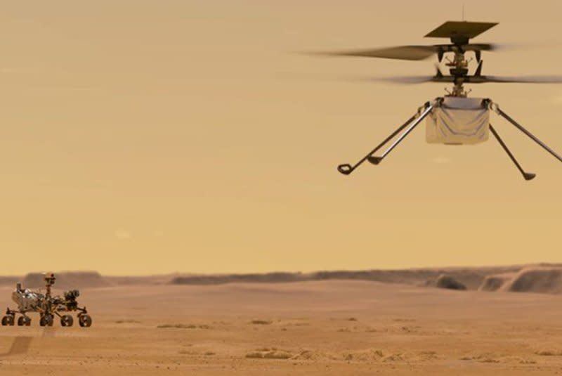 An illustration depicts NASA's Mars helicopter Ingenuity flying on the Red Planet. The craft sustained rotor damage and has taken its final flight, NASA said Thursday. Image courtesy of NASA