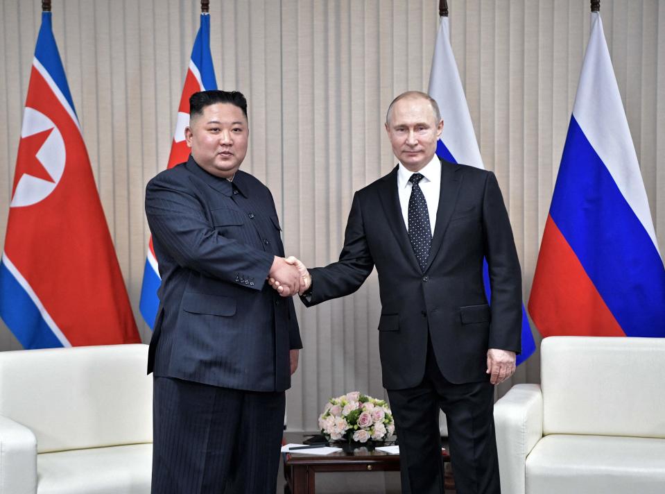 Russian president Vladimir Putin meets with North Korean leader Kim Jong Un at the Far Eastern Federal University campus on Russky island in the far-eastern Russian port of Vladivostok on 25 April 2019 (SPUTNIK/AFP via Getty Images)