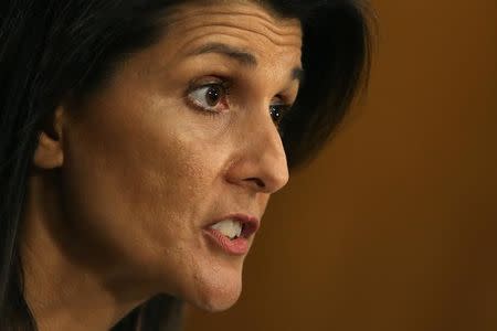 Former South Carolina Governor Nikki Haley testifies before a Senate Foreign Relations Committee confirmation hearing on her nomination to be to U.S. ambassador to the United Nations at Capitol Hill in Washington, U.S., January 18, 2017. REUTERS/Carlos Barria