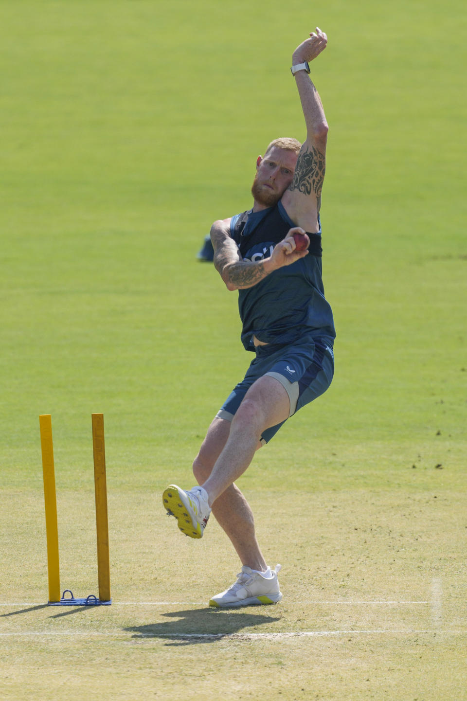 England's captain Ben Stokes bowls during a practice session ahead of the third cricket test match against India in Rajkot, India, Wednesday, Feb. 14, 2024. (AP Photo/Ajit Solanki)