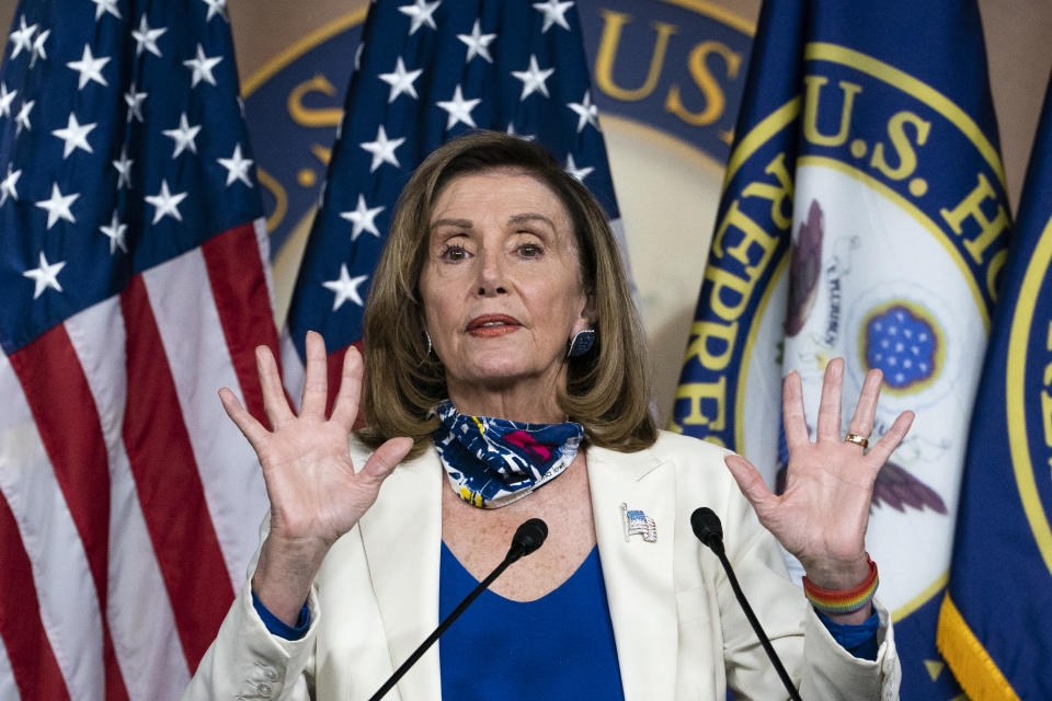 House Speaker Nancy Pelosi of Calif., speaks during a weekly news conference, Thursday, Oct. 1, 2020, on Capitol Hill in Washington. (AP Photo/Jacquelyn Martin)