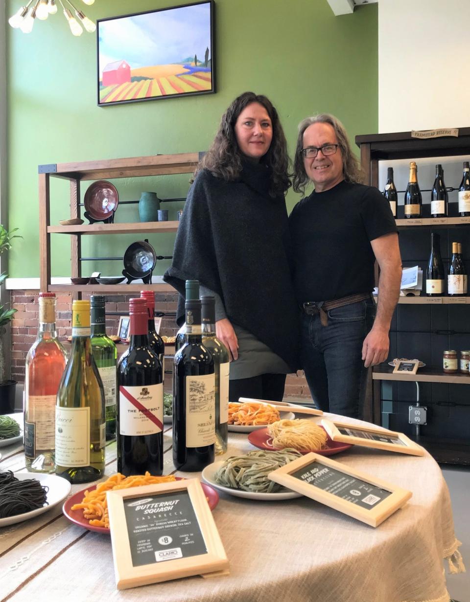 Claire Thompson and Mario Micheli make a variety of pastas from organically grown produce and ingredients and sell them, along with sauces, wines and other products, at their new Clario Farmstead Pasta shop in downtown Sturgeon Bay, where a grand opening is taking place April 1.