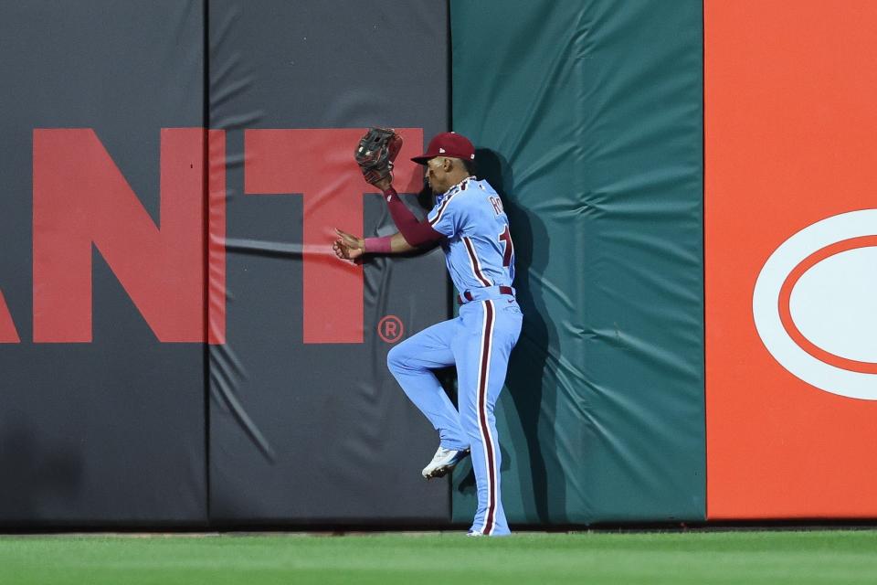 Philadelphia Phillies center fielder Johan Rojas (18) catches the fly ball of Atlanta Braves designated hitter Marcell Ozuna (20) with bases loaded to end the seventh inning during Game 4 of the NLDS for the 2023 MLB playoffs at Citizens Bank Park on Oct 12, 2023, in Philadelphia.