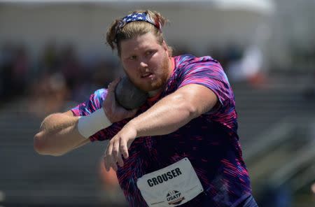 Jun 25, 2017; Sacramento, CA, USA; Ryan Crouser wins the shot put with a throw of 74-3 3/4 (22.65m) - the longest in the world in 14 years - during the USA Track and Field Championships at Hornet Stadium. Mandatory Credit: Kirby Lee-USA TODAY Sports