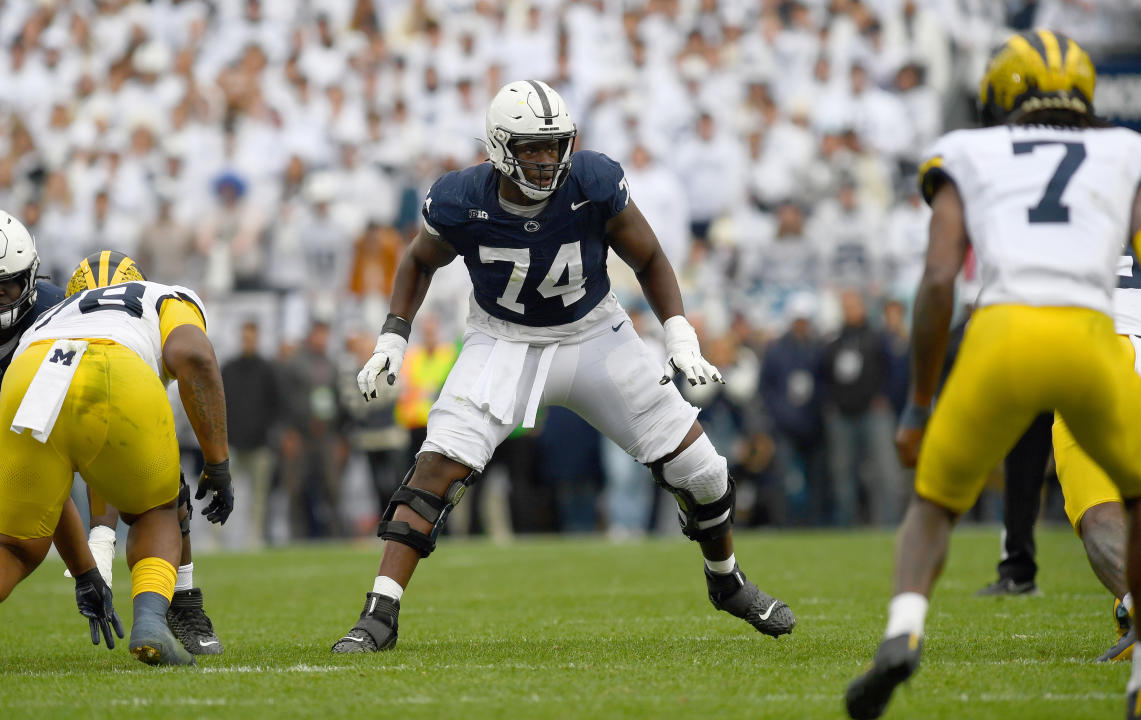 UNIVERSITY PARK, PA - NOVEMBER 11: Penn State tackle Olumuyiwa Olu Fashanu (74) pass blocks during the Michigan Wolverines versus Penn State Nittany Lions game on November 11, 2023 at Beaver Stadium in University Park, PA. (Photo by Randy Litzinger/Icon Sportswire via Getty Images)