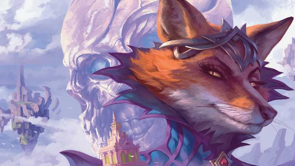 A fox beside a skull loom over a cloudy scene in Planescape: Adventures in the Multiverse