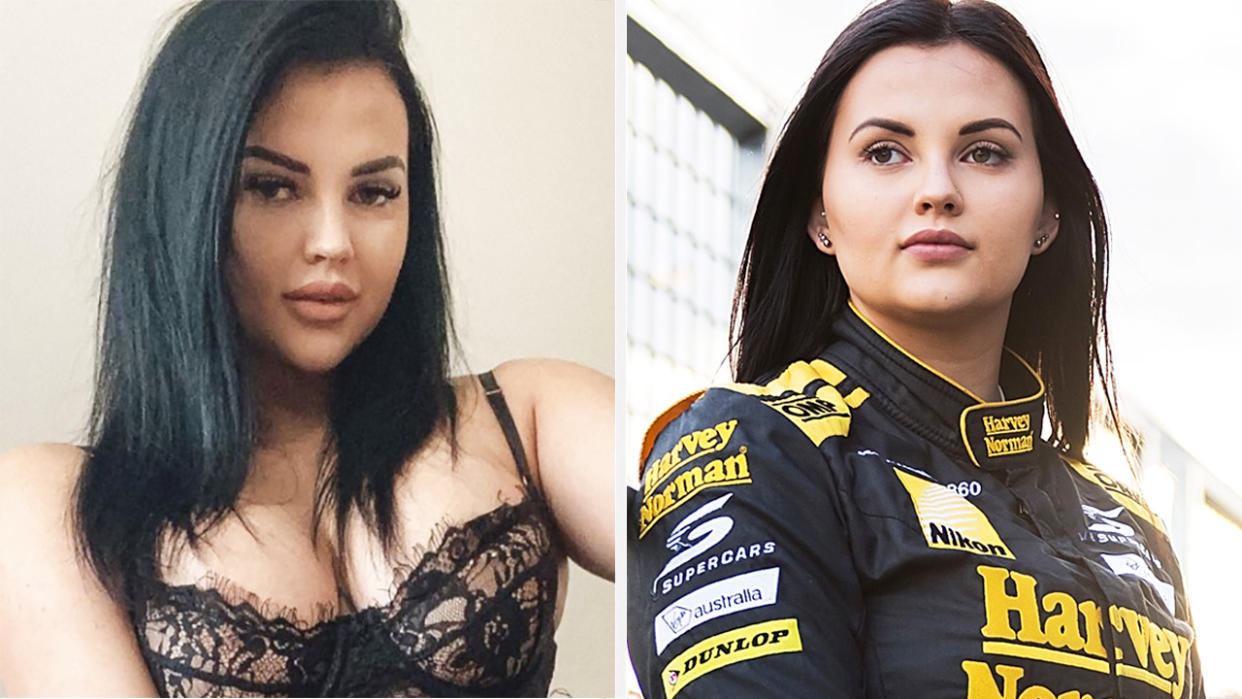 A 50-50 split image shows a shot of Renee Gracie from her Instagram page on the left, and a picture of her on the Bathurst 100 grid in 2015 on the right.