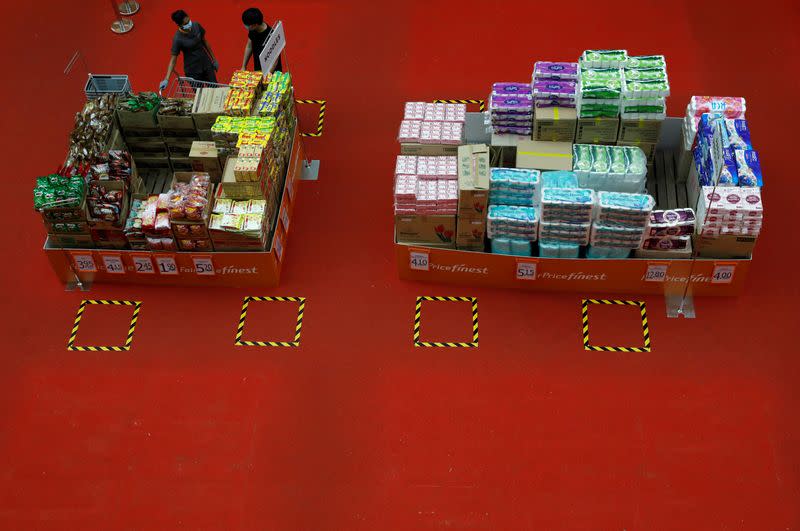 FILE PHOTO: Instant noodles and toilet rolls are displayed for sale at a mall amid the coronavirus disease (COVID-19) outbreak in Singapore