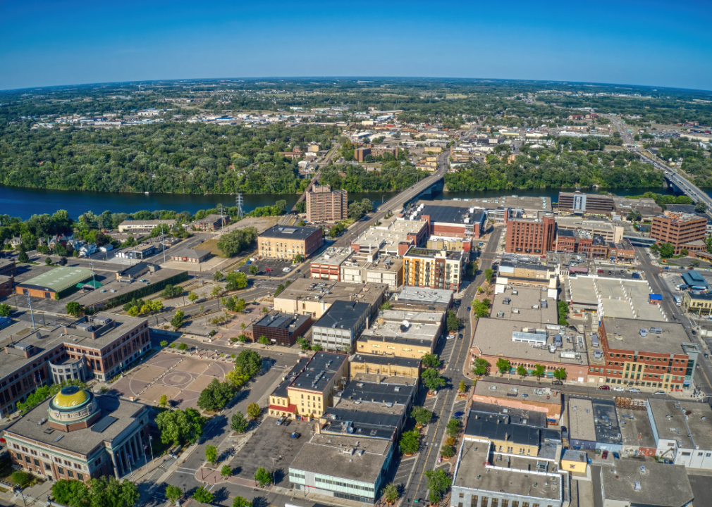 Aerial view of the city and river. 