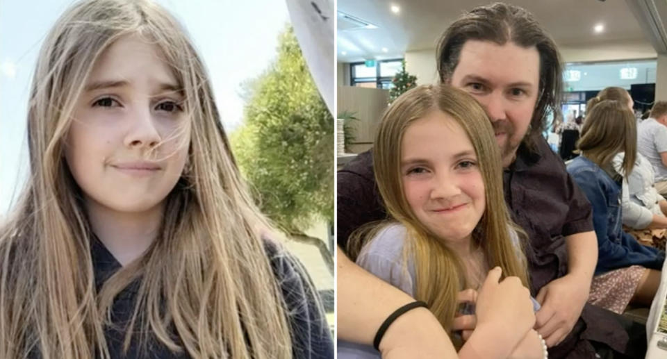 Mira Foster had long brown hair before she died of gastroenteritis. Mira Foster, right, embraces her father, Shannon Foster.